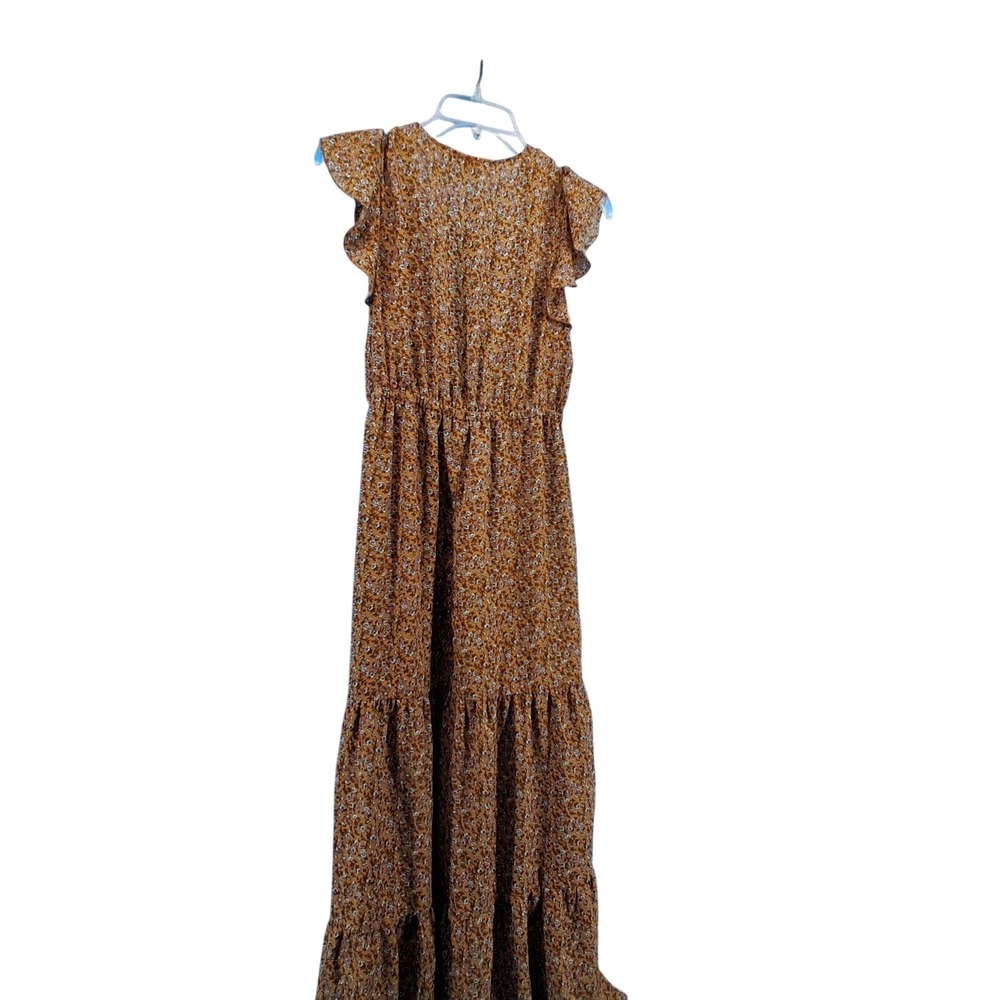 Inspired Hearts Maxi Dress Womens Large Mustard Floral Tie Front Cutout Tiered - Picture 3 of 7